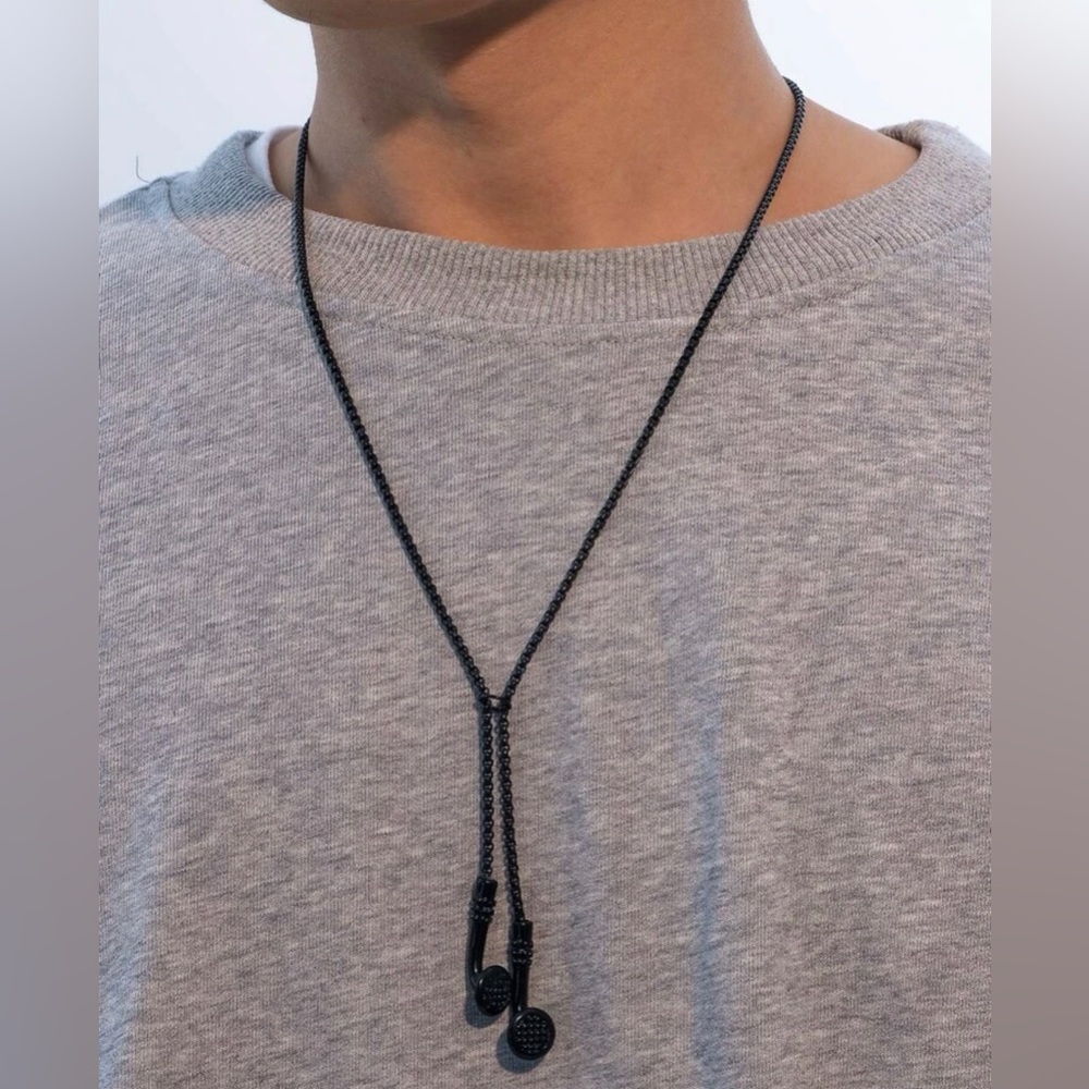 ✯ Mens Black Coated Titanium Ear Phone Adjustable Necklace